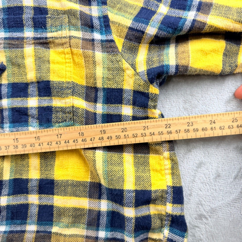 American Eagle Outfitters Women's Large Yellow Blue Plaid‎ Hooded Flannel Shirt - Picture 6 of 6